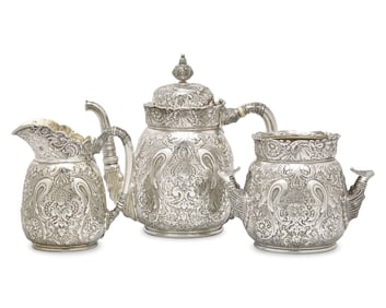A Rare Sterling Silver Three-Piece Saracenic Tea Service