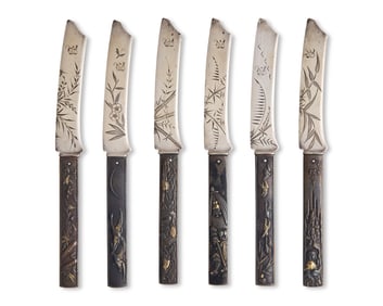 A Set of Six Sterling Silver and Mixed Metal "Japonesque" Fruit Knives