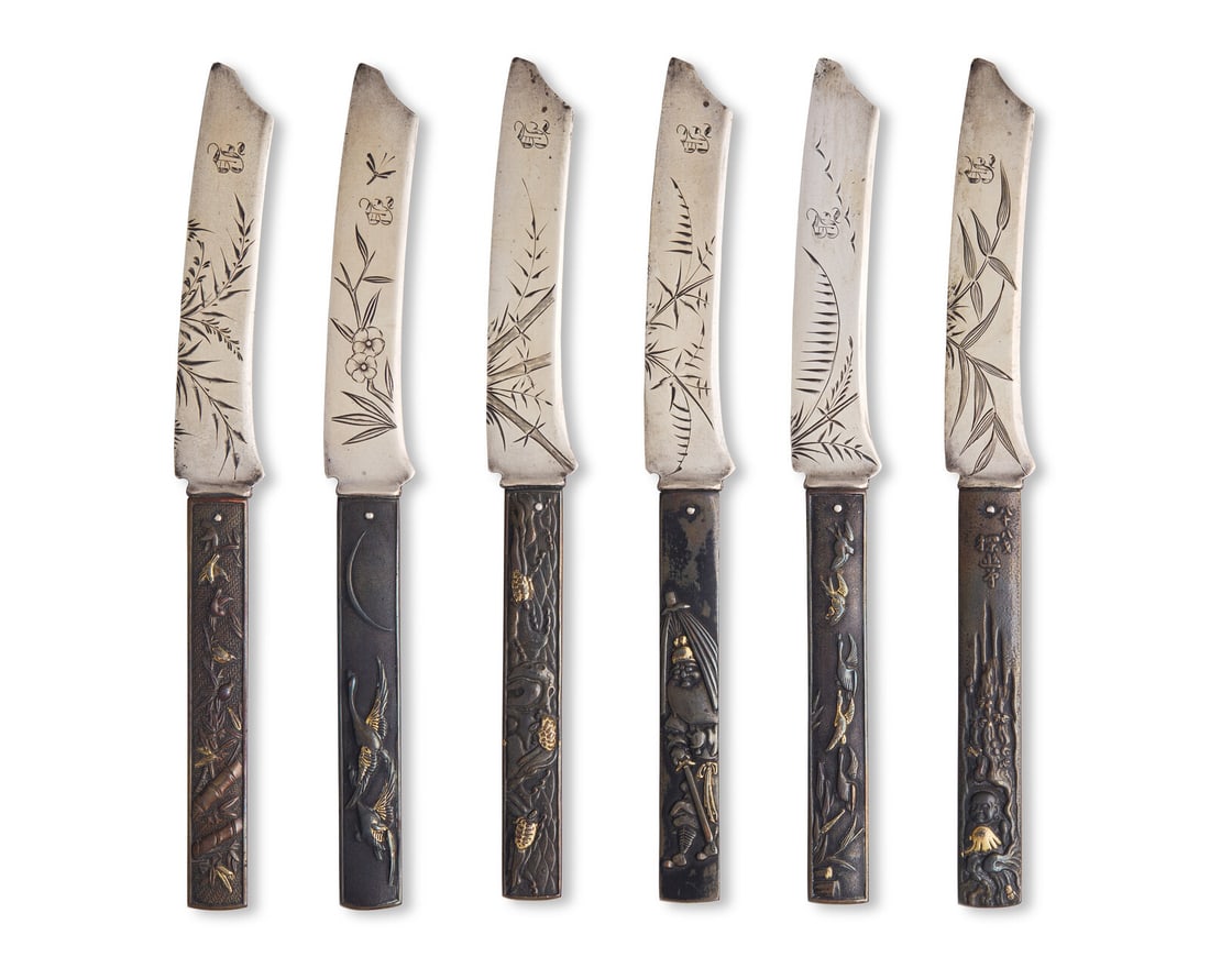 A Set of Six Sterling Silver and Mixed Metal "Japonesque" Fruit Knives (1 of 2)
