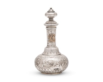 An Aesthetic Movement Sterling Silver Acid-Etched and Gilt-Overlay Stoppered Perfume Bottle