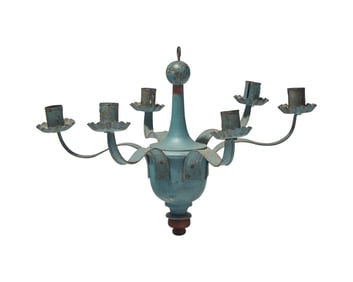 A Small Federal Blue-Painted Six-Arm Turned Wood and Tin Chandelier