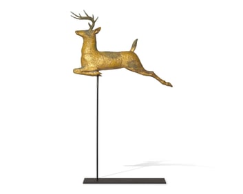 A Large Molded Copper Gilded Leaping Stag Weathervane