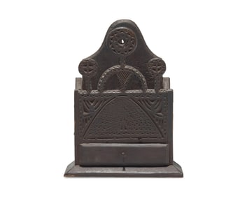 A Rare Painted Lollipop-Lobed Chip-Carved Poplar and Pine Wall Box