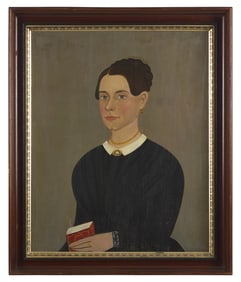 Prior-Hamblin School 19th Century, A Portrait of a Lady in Black Holding A Red Book