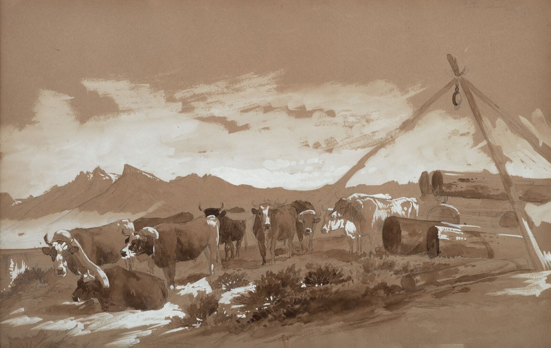 Peter Moran (American, 1841-1914) Lake Tahoe, 1879: Peter Moran (American, 1841-1914) Lake Tahoe, 1879 watercolor and pencil on brown paper titled and dated aug '79 in pencil (upper right) 12 3/4 x 19 5/8 inches. The Emily T. and Adolphus Andrews Colle