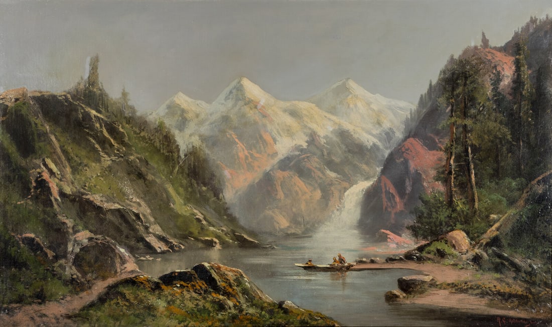 Ransome Gillet Holdredge (American, 1836-1899) Indians Canoeing on a Mountain Lake: Ransome Gillet Holdredge (American, 1836-1899) Indians Canoeing on a Mountain Lake oil on canvas laid to Masonite signed R. G. Holdredge (lower right) 30 x 50 inches. This lot is located in Chicago. P