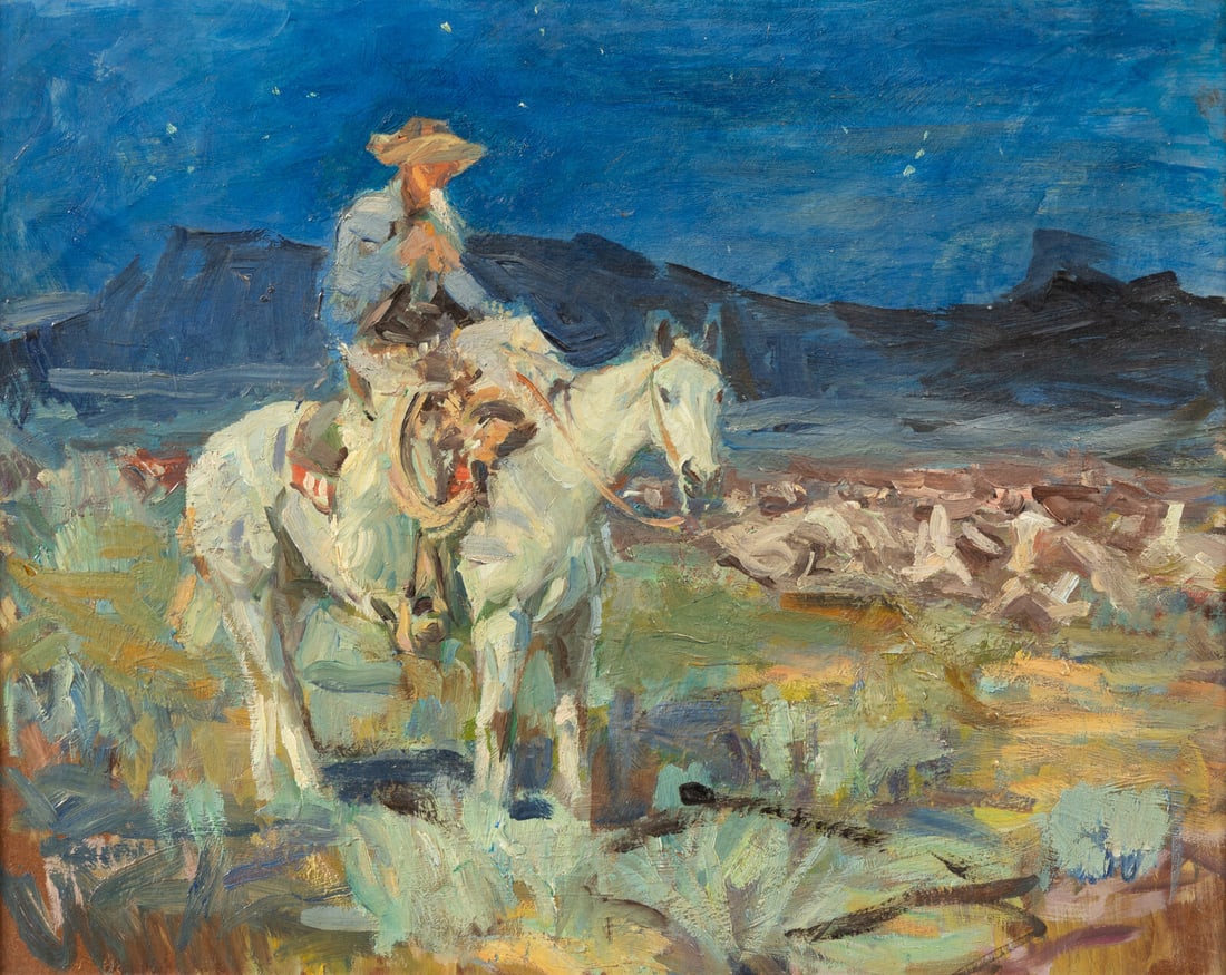 Frank B. Hoffman (American, 1888-1958) Night Rider: Frank B. Hoffman (American, 1888-1958) Night Rider oil on Masonite 16 x 20 inches. This lot is located in Denver. Provenance: Indianapolis Museum of Art, Indianapolis, Indiana. Hindman, Sale of May 16