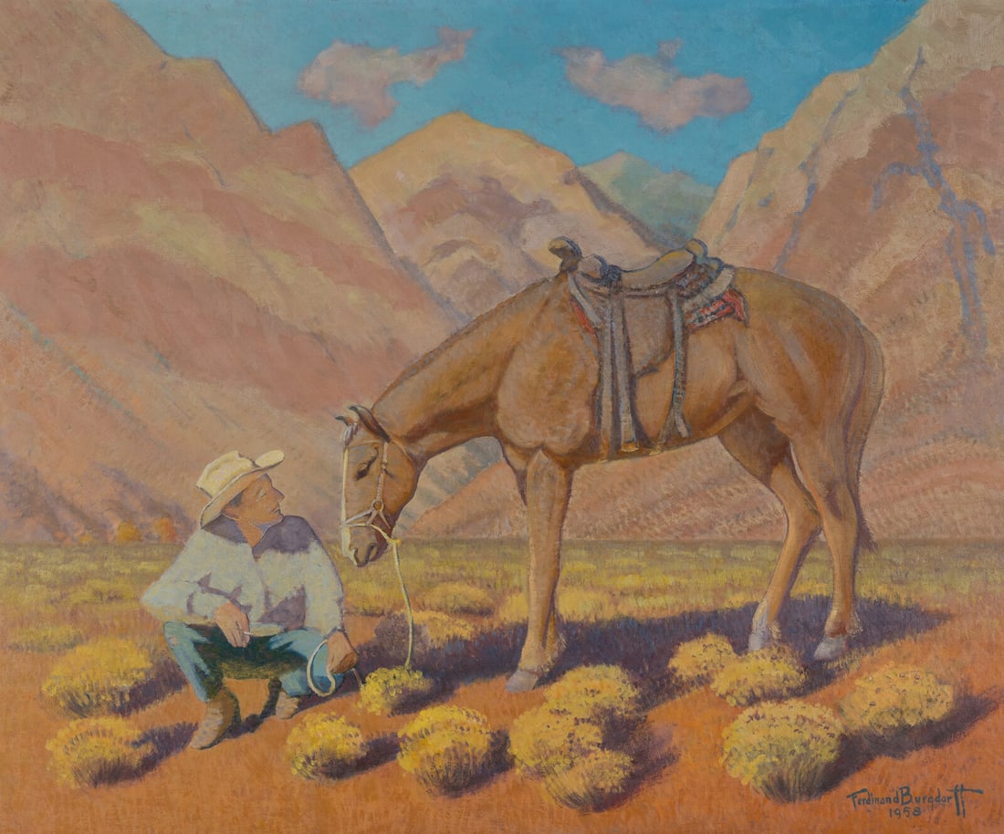Ferdinand Burgdorff (American, 1881-1975) Pals, 1958: Ferdinand Burgdorff (American, 1881-1975) Pals, 1958 oil on Masonite signed Ferdinand Burgdorff and dated (lower right); titled (on artist's label affixed to the reverse) 30 x 36 inches. This lot is l