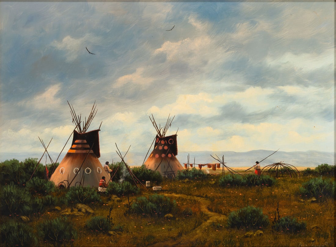 Heinie Hartwig (American, b. 1937) Encampment: Heinie Hartwig (American, b. 1937) Encampment oil on board signed Heinie Hartwig (lower right) 18 x 24 inches. This lot is located in Cincinnati.