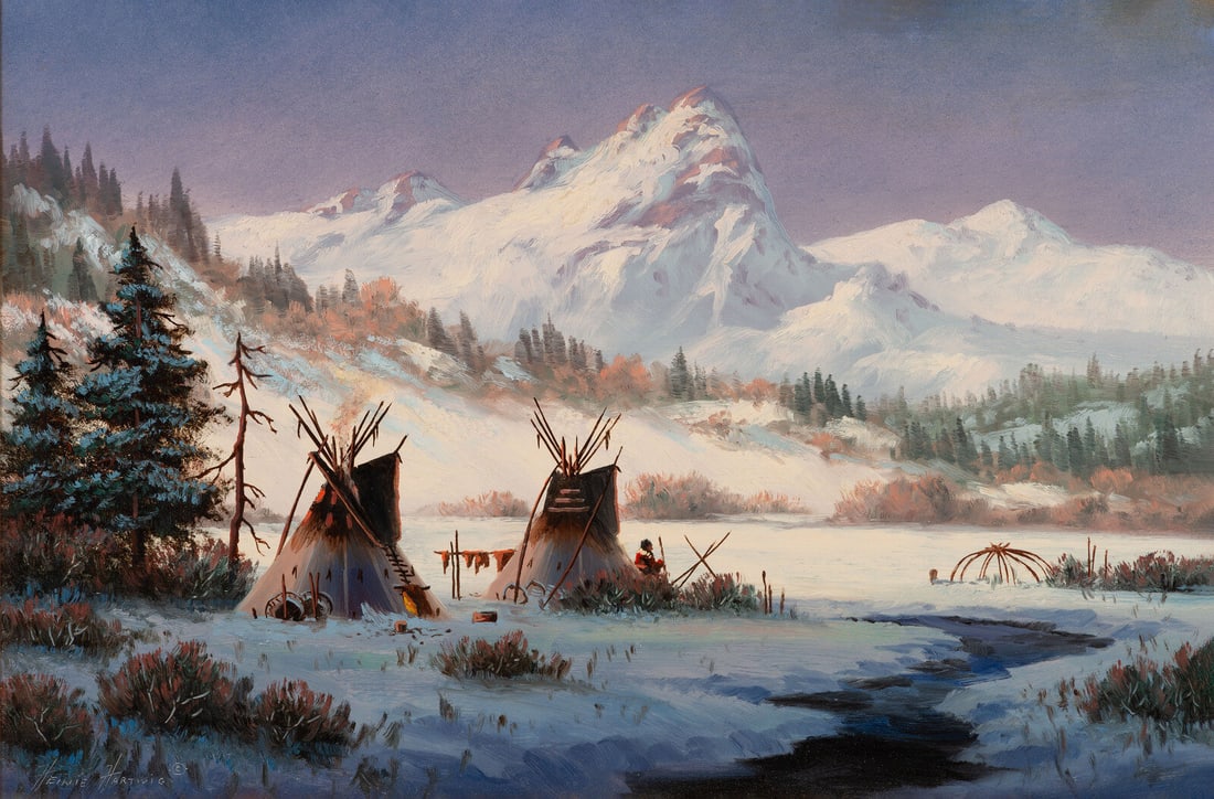 Heinie Hartwig (American, b. 1937) Winter in the Tetons Mountains: Heinie Hartwig (American, b. 1937) Winter in the Tetons Mountains oil on Masonite signed Heinie Hartwig (lower left) 12 x 18 inches. This lot is located in Cincinnati. Provenance: Clars Auction Galler