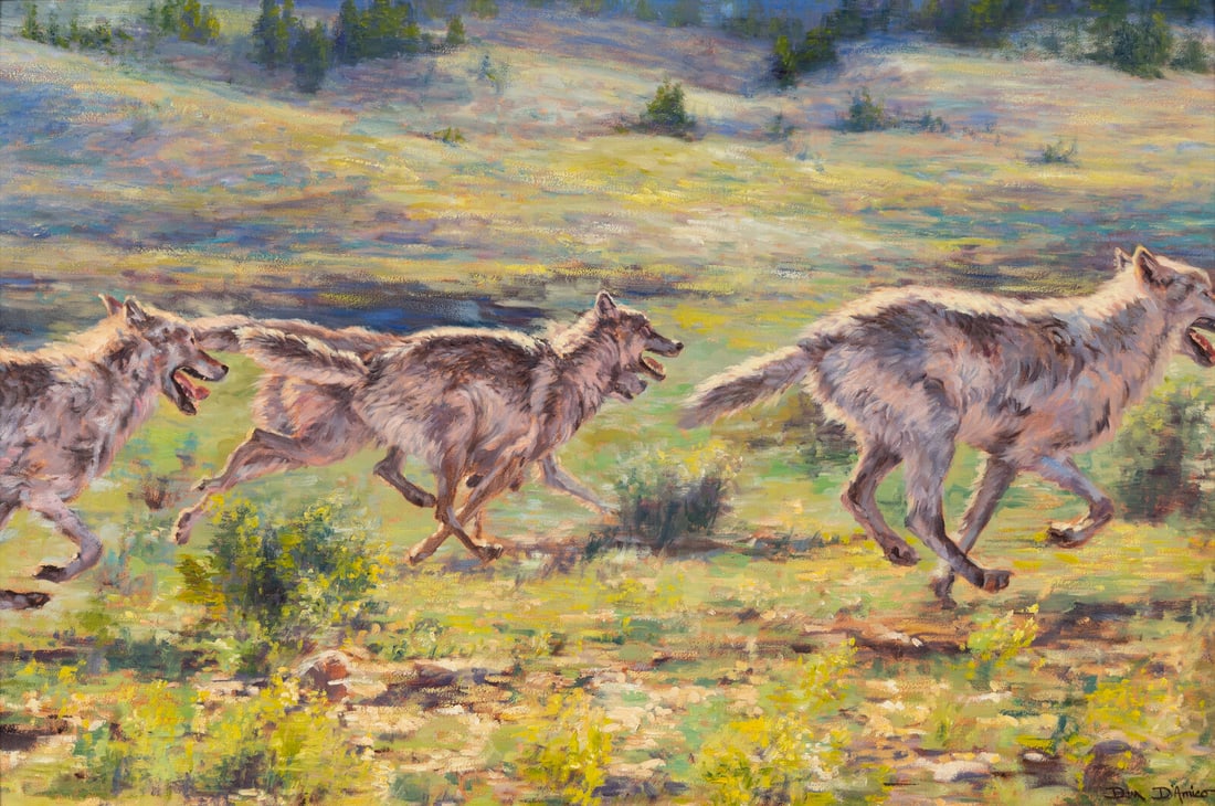 Dan D'Amico (American, b. 1956) Free at Last (Wolves Return to Yellowstone), 1996: Dan D'Amico (American, b. 1956) Free at Last (Wolves Return to Yellowstone), 1996 oil on Masonite signed Dan D'Amico (lower right); signed, titled, and dated (on the reverse) 19 3/4 x 29 7/8 inches. T