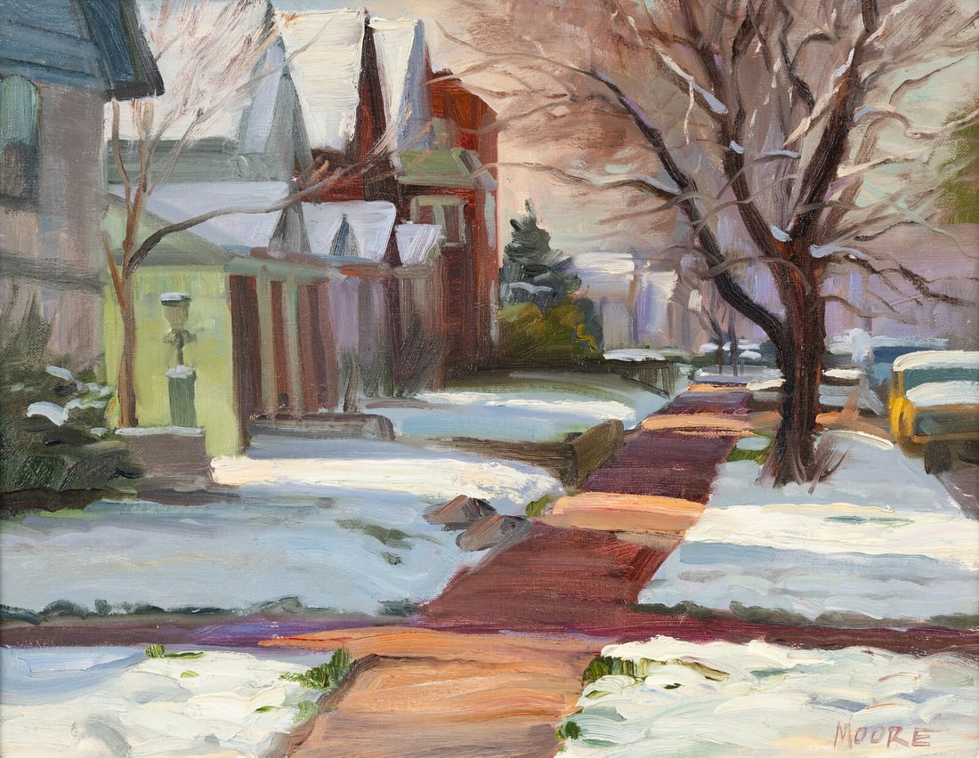 Jay Moore (American, b. 1964) April Snow, 1993: Jay Moore (American, b. 1964) April Snow, 1993 oil on canvas signed Moore (lower right); signed, titled, and dated (on the reverse) 14 x 18 inches. This lot is located in Denver.