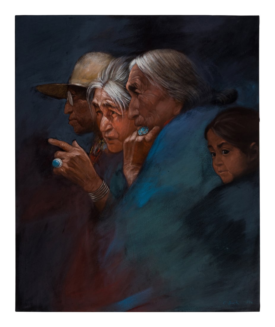 Clifford Beck (Diné, 1946-1995) The Secrets, 1994: Clifford Beck (Diné, 1946-1995) The Secrets, 1994 oil and pastel on canvas signed C. Beck and dated (lower right) 40 x 32 inches. The Collection of Robert and Judith Rothschild, Northbrook, Illinois