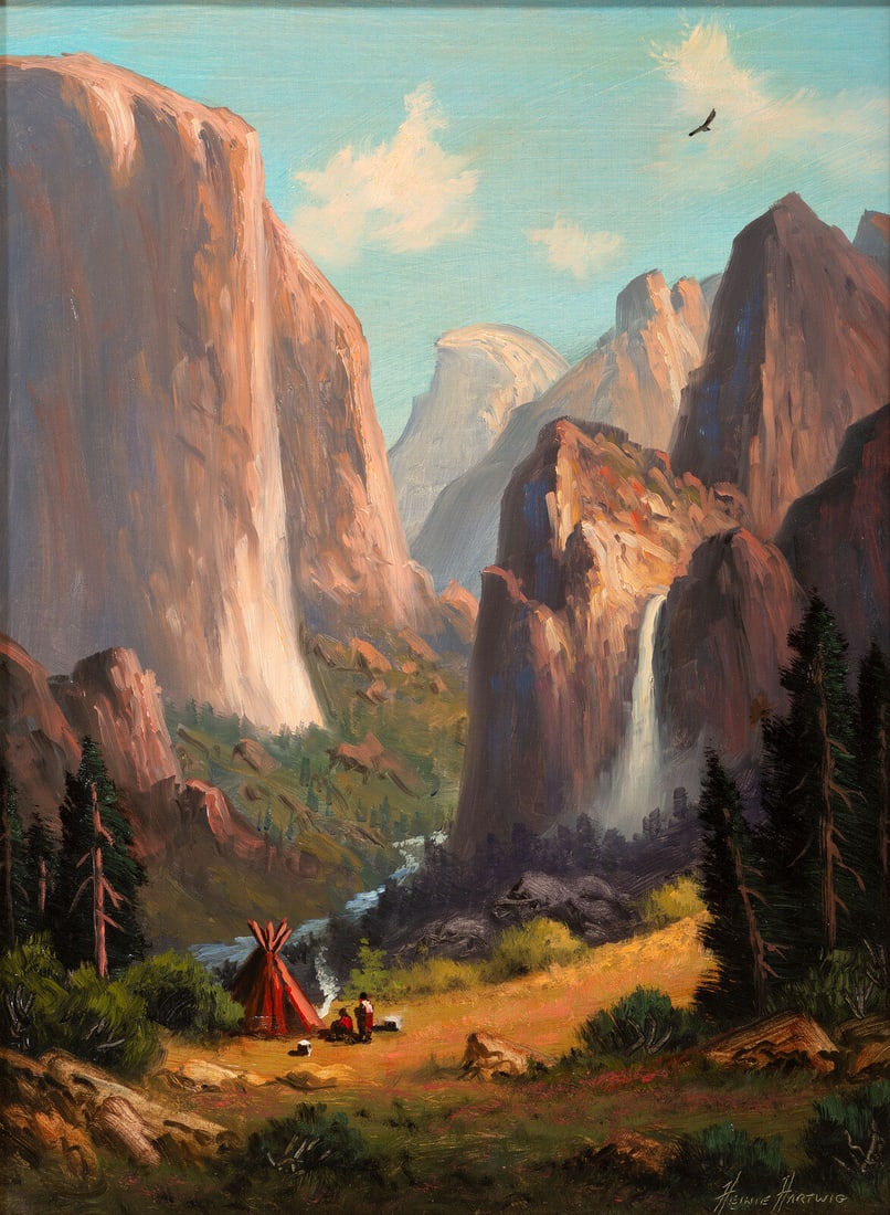 Heinie Hartwig (American, b. 1937) Yosemite Camp: Heinie Hartwig (American, b. 1937) Yosemite Camp oil on Masonite signed Heinie Hartwig (lower right); titled (on the reverse) 16 3/4 x 14 inches. This lot is located in Cincinnati.