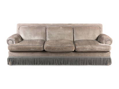 A Contemporary Three-Seat Sofa with Bullion Fringe: A Contemporary Three-Seat Sofa with Bullion Fringe 20th Century Height 36 x width 98 x depth 39 inches. Property from a Private Illinois Collector This lot is located in Chicago. 