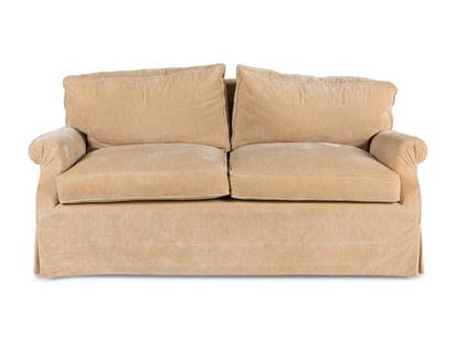 A Contemporary Velvet-Upholstered Two-Cushion Sofa: A Contemporary Velvet-Upholstered Two-Cushion Sofa Height 30 x width 69 x depth 39 inches. Property from a Private Illinois Collector This lot is located in Chicago. 