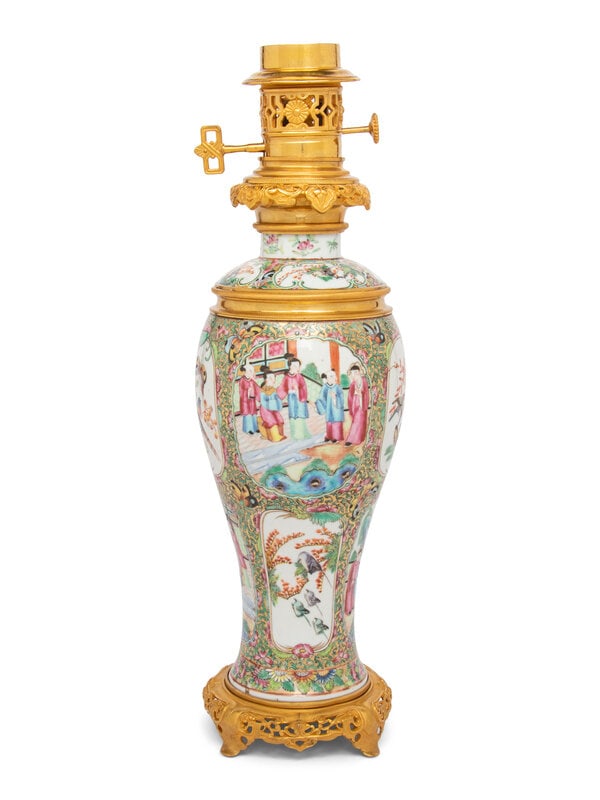 A Gilt Bronze and Rose Medallion Porcelain Vase Mounted as a Lamp (1 of 2)