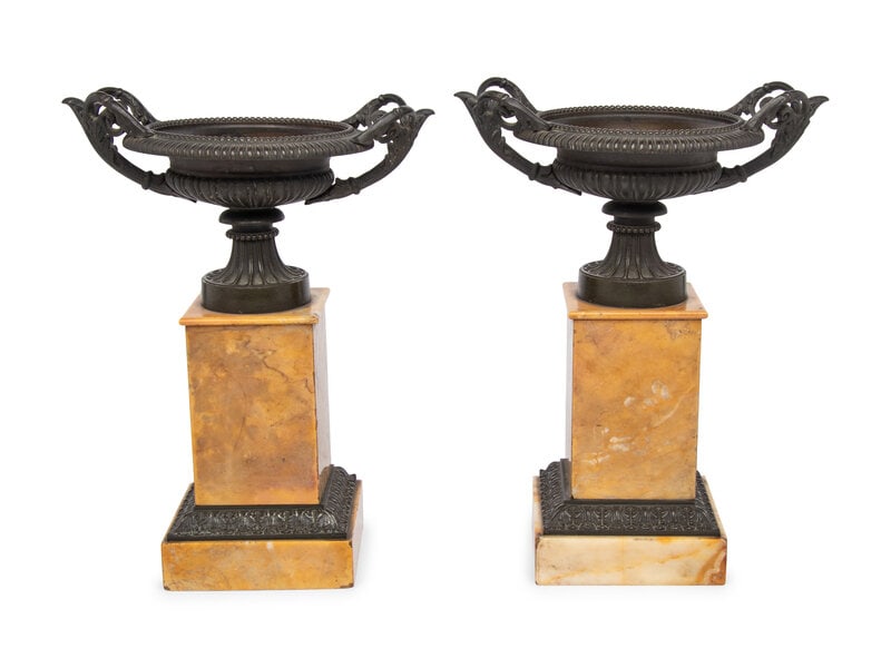 A Pair of Louis Phillipe Bronze and Sienna Marble Cassolettes: A Pair of Louis Phillipe Bronze and Sienna Marble Cassolettes 19th Century Height 12 1/2 inches. Property from a Private Illinois Collector This lot is located in Chicag