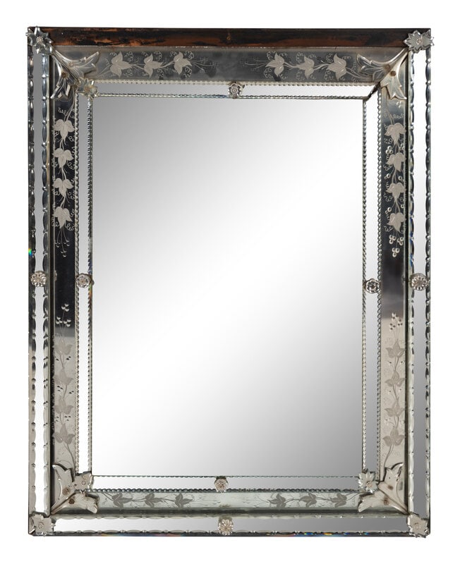 A Venetian Etched Glass Mirror: A Venetian Etched Glass Mirror 20th Century Height 37 1/2 x width 29 1/2 x depth 2 1/4 inches. This lot is located in Chicago.
