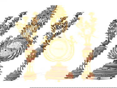 A Louis XVI Style Gilt Bronze and Pink Marble Three-Piece Clock Garniture (1 of 2)