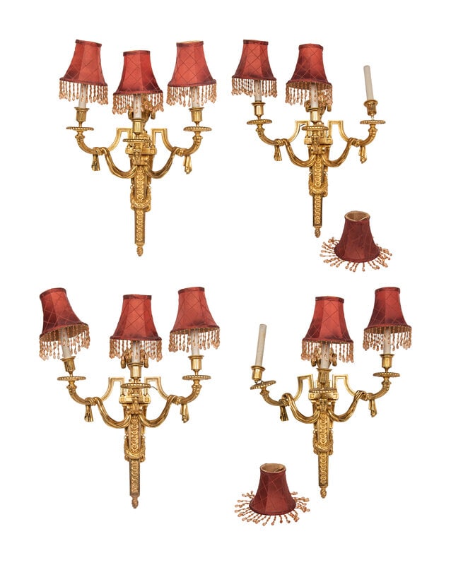 A Set of Four Louis XVI Style Gilt-Bronze Three-Light Sconces (1 of 2)