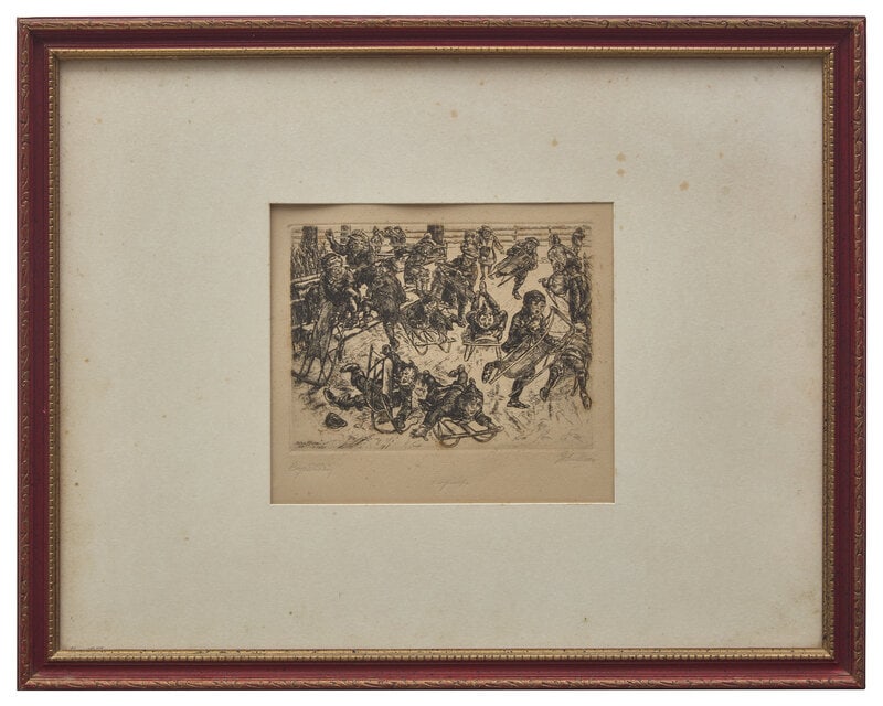 John Sloan (American, 1871-1951) Boys Sledding, 1920: John Sloan (American, 1871-1951) Boys Sledding, 1920 etching on paper signed, titled, and inscribed imprint in pencil 5 1/4 x 7 inches. This lot is located in Philadelphia.