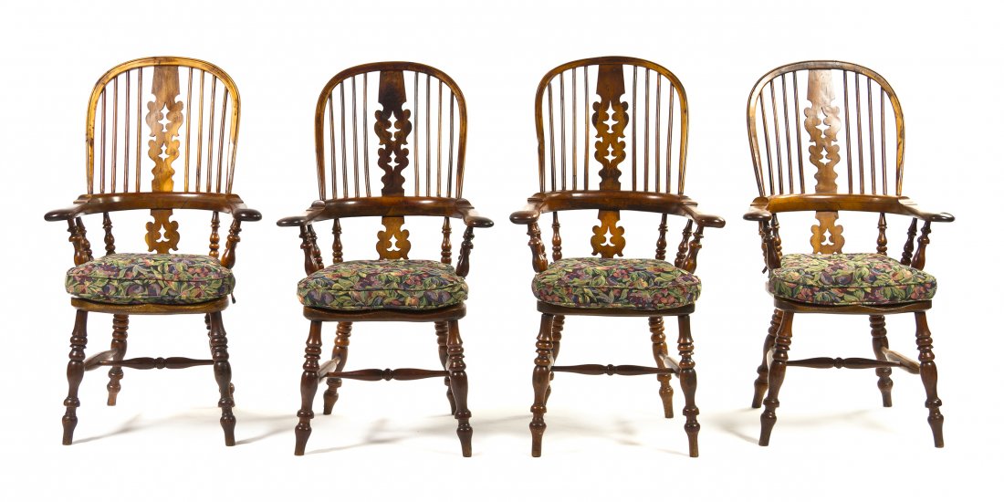 An Assembled Set of Four English Windsor Armchairs, Hei: An Assembled Set of Four English Windsor Armchairs, each having a curved crest rail over a central vasiform splat flanked by spindle supports, above the plank seat raised on turned legs joined by an H