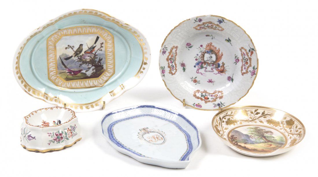 Three Chinese Export Porcelain Articles, Width of wides: Three Chinese Export Porcelain Articles, comprising two armorial examples including a bowl with the motto BONA MEAMECUM PORTO and having a pomegranate within a cartouche and a salt cellar with crown, 