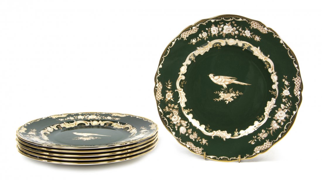 Six Spode Porcelain Plates, Diameter 10 1/2 inches.: Six Spode Porcelain Plates, each decorated with a bird on a green ground with gilt highlights throughout. Diameter 10 1/2 inches.