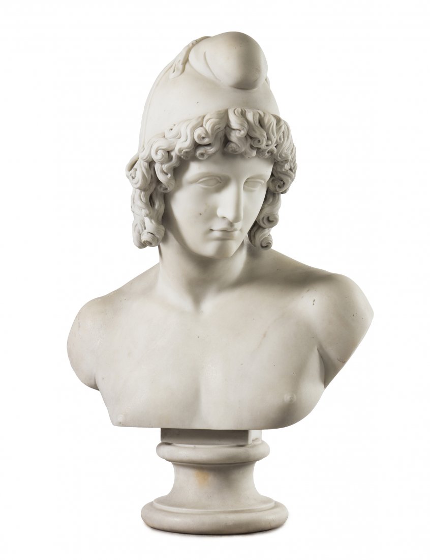An Italian Carved Marble Bust, after Antonio Canova (17: An Italian Carved Marble Bust, after Antonio Canova (1757-1822), depicting Paris, wearing a Phrygian cap, raised on a circular socle. Height 26 3/8 inches.