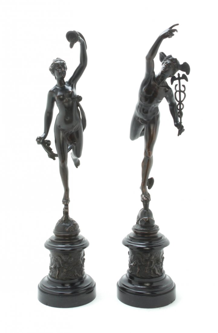 A Pair of Continental Grand Tour Bronze Figures, after : A Pair of Continental Grand Tour Bronze Figures, after Giambologna (1529-1608) depicting Mercury and Venus, each raised on a cylindrical base. Height of taller overall 28 3/4 inches.