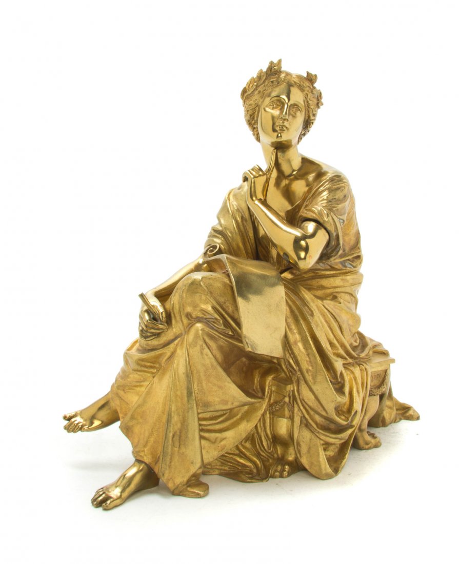 A French Gilt Bronze Figure, after Hippolyte Moreau (18: A French Gilt Bronze Figure, after Hippolyte Moreau (1832-1927), depicting a classical female scribe seated on a bench. Height 9 3/4 inches.