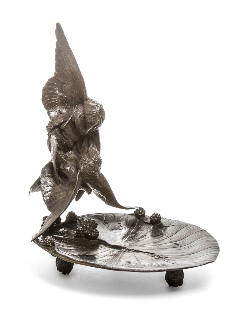 A French Bronze Animalier Vide Poche, Auguste-Nicolas C: A French Bronze Animalier Vide Poche, Auguste-Nicolas Cain (1822-1894), depicting two quarreling birds above a naturalistic leaf form dish, further decorated with blackberries, raised on floriform fee