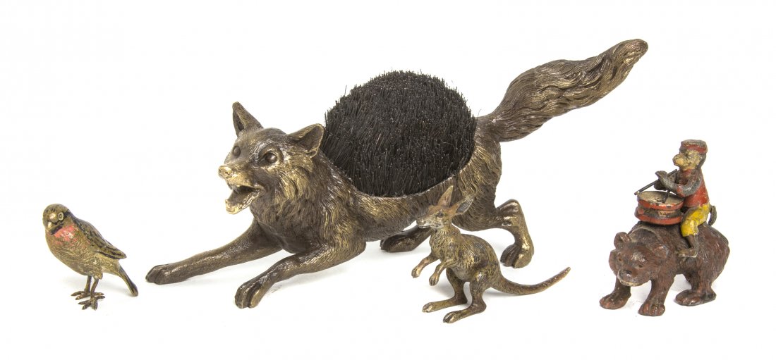 Three Austrian Cold Painted Bronze Animalier Figures, W: Three Austrian Cold Painted Bronze Animalier Figures, comprising a monkey playing the drums astride a bear's back, a kangaroo and a song bird, together with an associated fox form pen brush, stamped i