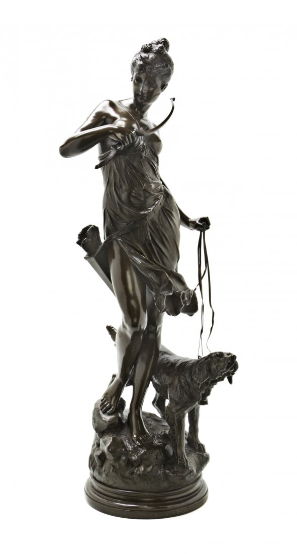 A German Bronze Figural Group, Alois Mayer (1855-1935),: A German Bronze Figural Group, Alois Mayer (1855-1935), depicting Diana and hound, signed A. Mayer, set on a circular base inscribed Der Verein fur Hreihandschielsen 5/m. Schutjenmeister herm Otto Hre