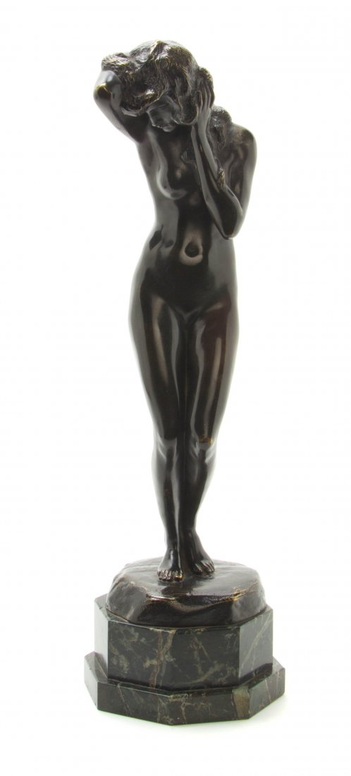 A German Bronze Figure, Victor Seifert (1870-1953), Hei: A German Bronze Figure, Victor Seifert (1870-1953), depicting a nude female, mounted as a lamp, set on an octagonal marble base. Height of bronze 15 1/2 inches. Property from the Estate of George B. C