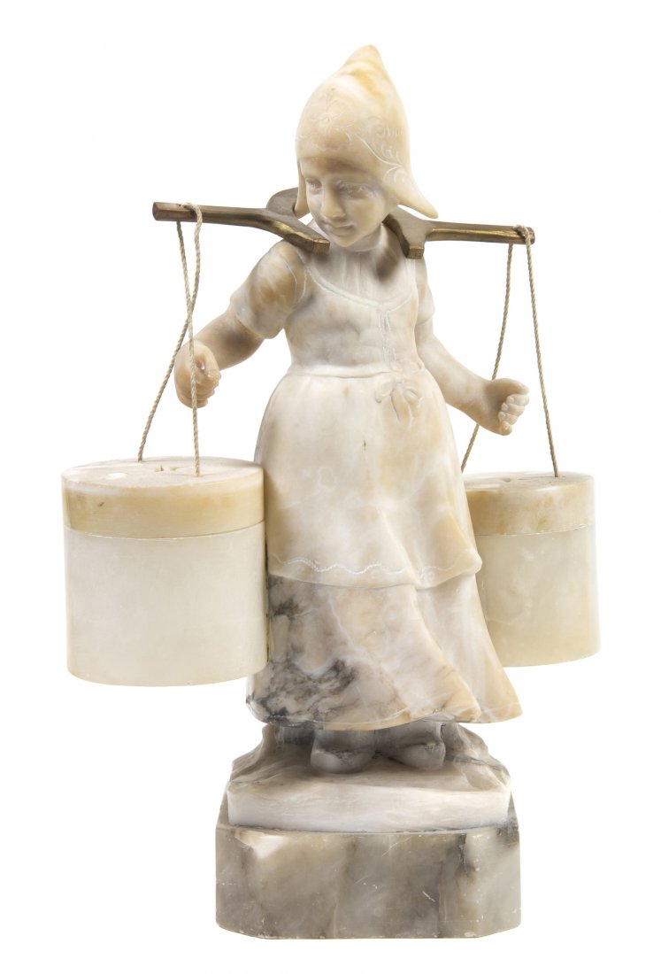 A Continental Alabaster Figural Lamp, Height overall 17: A Continental Alabaster Figural Lamp, depicting a Dutch girl carrying two pails on a yoke over her shoulders, raised on an alabaster plinth base. Height overall 17 1/2 inches.