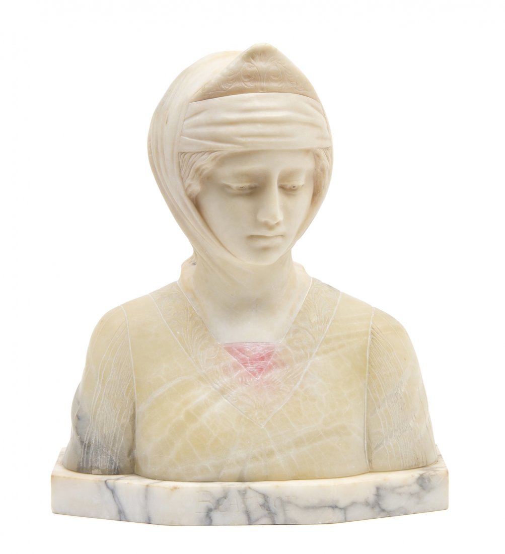 An Italian Alabaster Bust, Height 10 1/4 inches.: An Italian Alabaster Bust, depicting a woman in a headdress and blouse with incised foliate decoration. Height 10 1/4 inches.