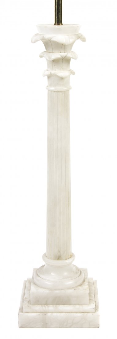 An Alabaster Columnar Lamp, Height of column 29 1/2 inc: An Alabaster Columnar Lamp, raised on a stepped square foot. Height of column 29 1/2 inches.