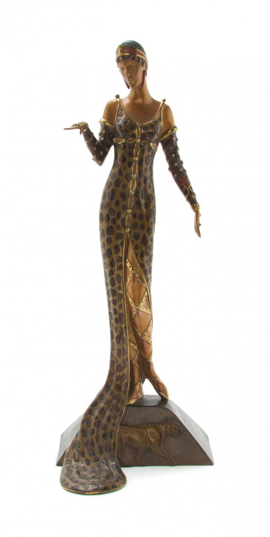 A Polychrome Bronze Figure, Romain de Tirtoff Erte (Rus: A Polychrome Bronze Figure, Romain de Tirtoff Erte (Russian, 1892-1990), Julietta depicting an Art Deco maiden, raised on a four part base with panther decoration, marked 432/500, 1987, Sevenarts Ltd.