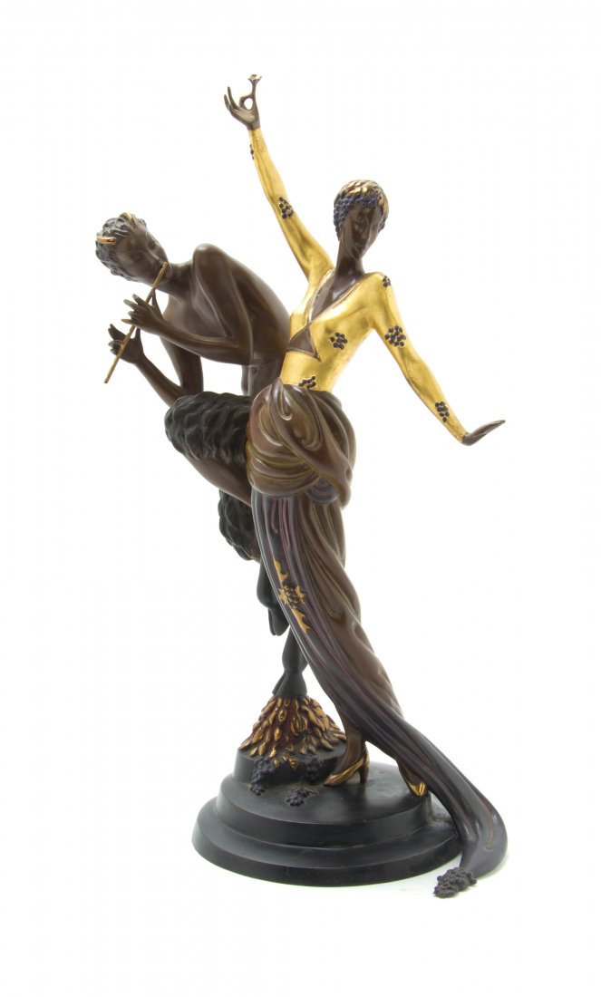 A Polychrome Bronze Figural Group, Romain de Tirtoff Er: A Polychrome Bronze Figural Group, Romain de Tirtoff Erte (Russian, 1892-1990), depicting Pan and a maiden, raised on a circular base, marked 325/375 Fine Art Acquisitions. Height 16 3/4 inches. Prope