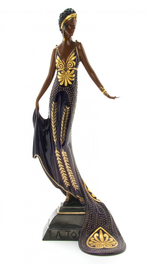 A Polychrome Bronze Figure, Romain de Tirtoff Erte (Rus: A Polychrome Bronze Figure, Romain de Tirtoff Erte (Russian, 1892-1990), La Tosca, depicting an Art Deco maiden, raised on a stepped base with title, marked 146/500 1989 Sevenarts Ltd. London. Height