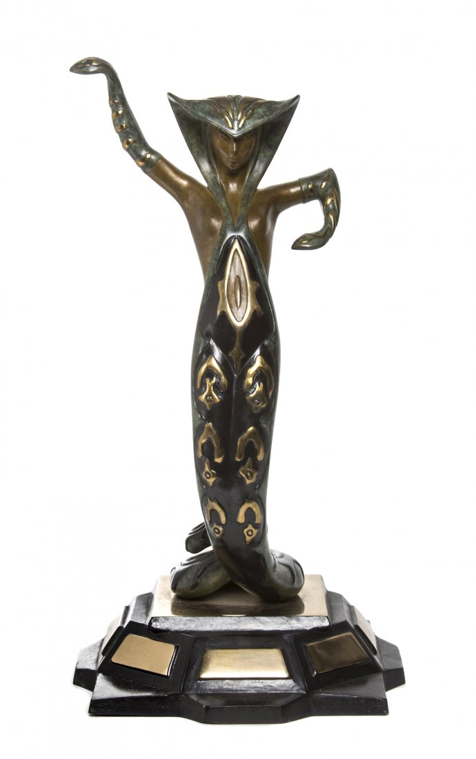 A Polychrome Bronze Figure, Romain de Tirtoff Erte (Rus: A Polychrome Bronze Figure, Romain de Tirtoff Erte (Russian, 1892-1990), depicting a maiden in serpent attire, signed, further stamped RKP Int Corp Copyright 1980, raised on an octagonal base. Height