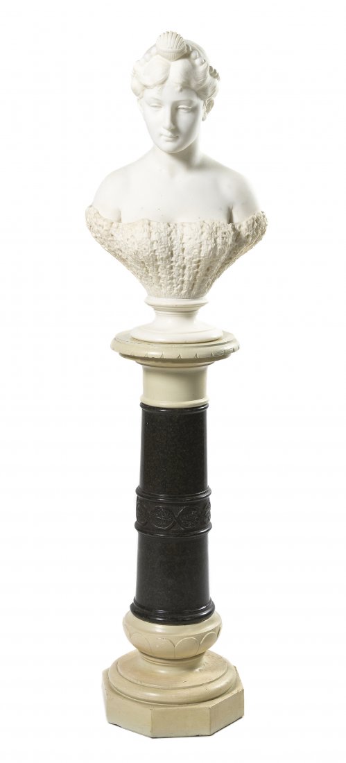 An American Carved Marble Sculpture, Larkin Goldsmith M: An American Carved Marble Sculpture, Larkin Goldsmith Mead (1835-1910), Venezia, having a shell in her hair and a sea foam bodice, together with an associated white painted and natural green marble co