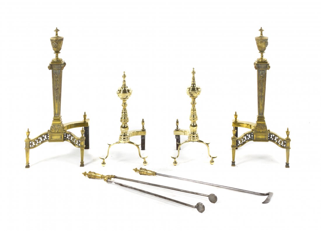 An Assembled Set of Brass Fireplace Tools, Height of ta: An Assembled Set of Brass Fireplace Tools, comprising two pairs of andirons, a poker and a pair of tongs. Height of tallest 26 inches. Property from the Estate of Mr. and Mrs. Hugo Scherer Higbie, Gro