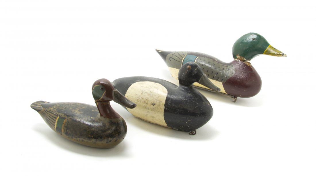 Three American Carved Wood and Polychrome Decorated Duc: Three American Carved Wood and Polychrome Decorated Duck Decoys, each depicting a drake, including a mallard by the George Peterson Decoy Company, Detroit, Michigan, and a Central Illinois River Valle