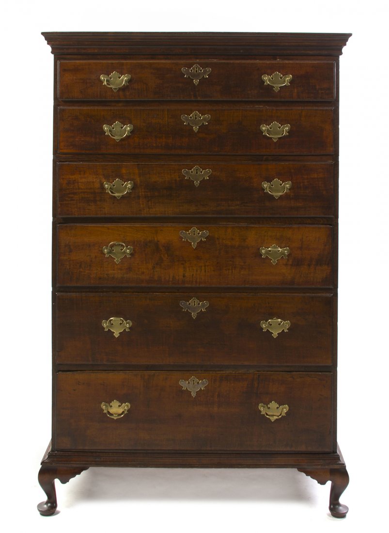 An American Federal Style Tiger Maple Gentleman's Chest: An American Federal Style Tiger Maple Gentleman's Chest, having a rectangular top over six graduated drawers with brass pulls and escutcheons, raised on short cabriole legs. Height 61 1/4 x width 38 x