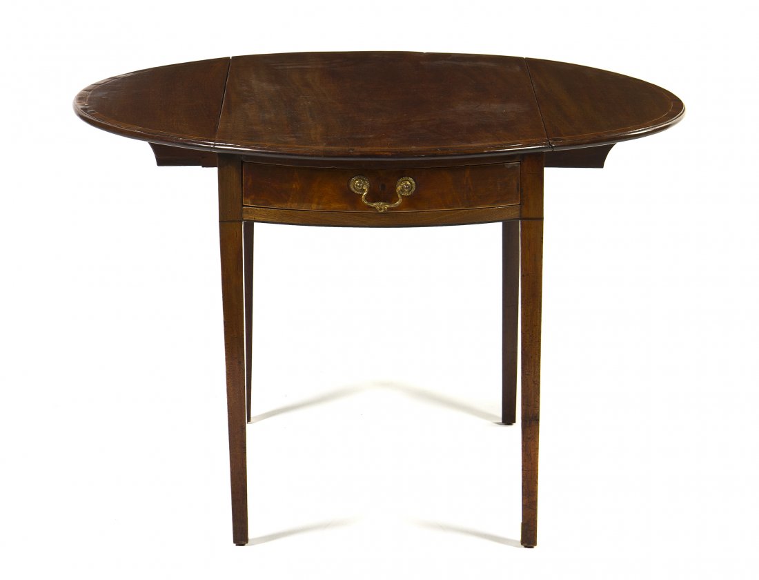 A Hepplewhite Mahogany Drop-Leaf Pembroke Table, Height: A Hepplewhite Mahogany Drop-Leaf Pembroke Table, having a rectangular top with rounded ends over the C-shaped leaves, above the conforming frieze set with a single drawer, raised on tapering square le
