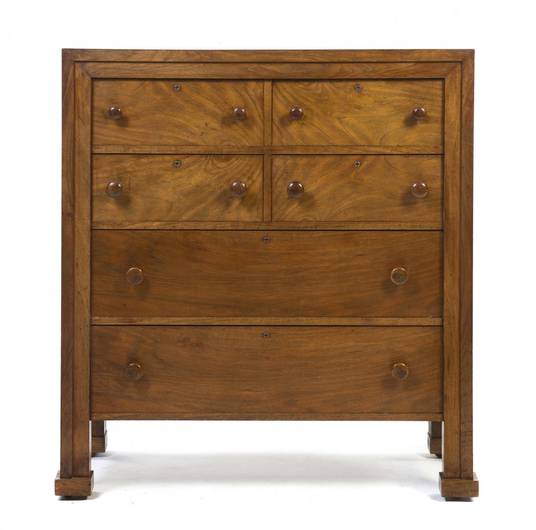 A George Washington Maher Mahogany Chest of Drawers, (1: A George Washington Maher Mahogany Chest of Drawers, (1824-1926) circa 1908, from the Ernest J. Magerstadt Residence, Chicago, Illinois, the rectangular top over four short drawers above two long draw