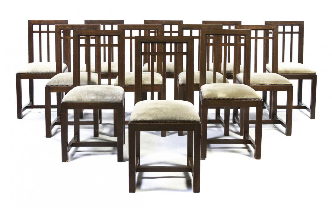 Twelve George Washington Maher Oak Side Chairs, (1824-1: Twelve George Washington Maher Oak Side Chairs, (1824-1926), circa 1908, from the Ernest J. Magerstadt Residence, Chicago, Illinois, each with a square crest rail over the pierced back splat above the